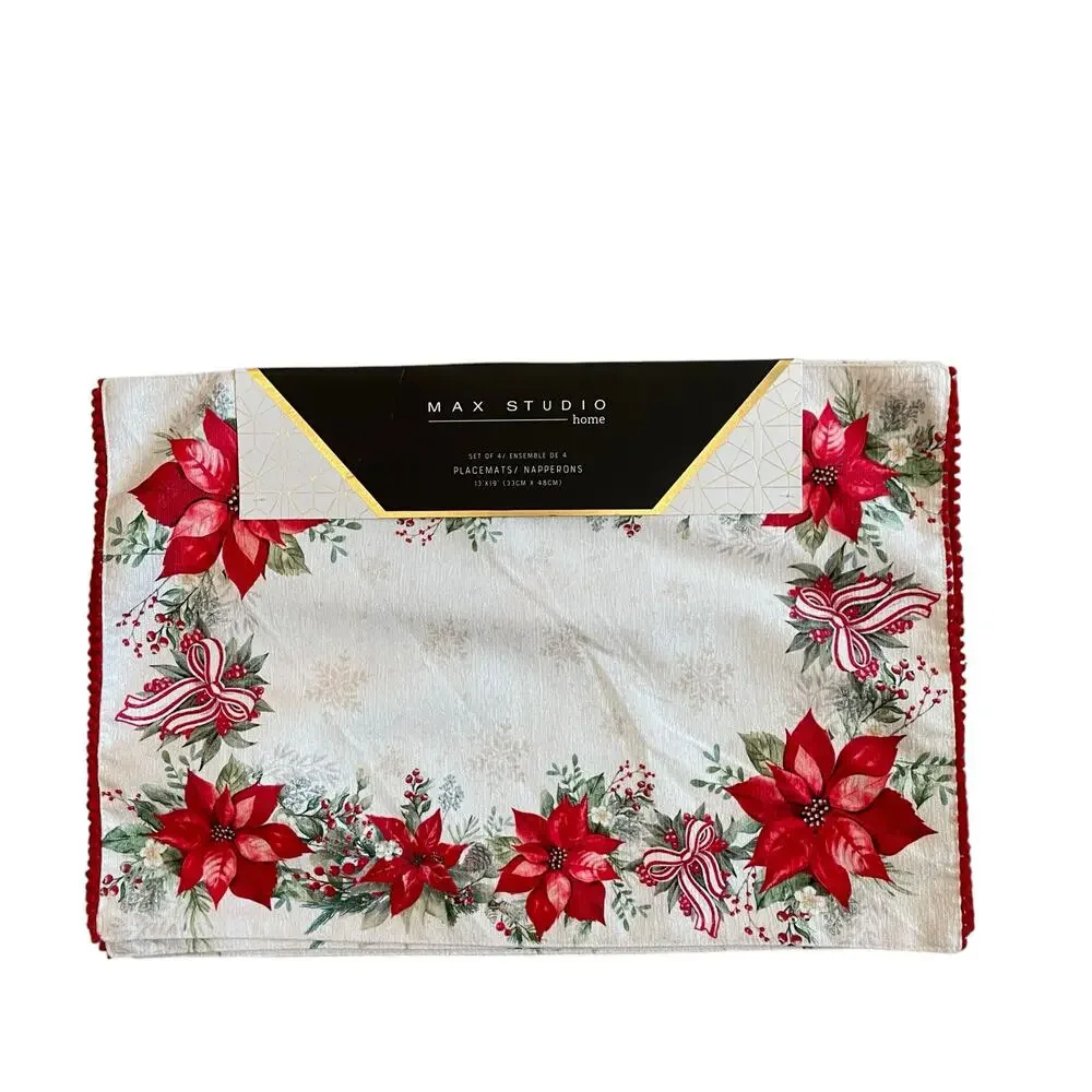 Max Studio Christmas Poinsettia & Bows Placemats 13x19 Set of 4 Holiday Red NEW